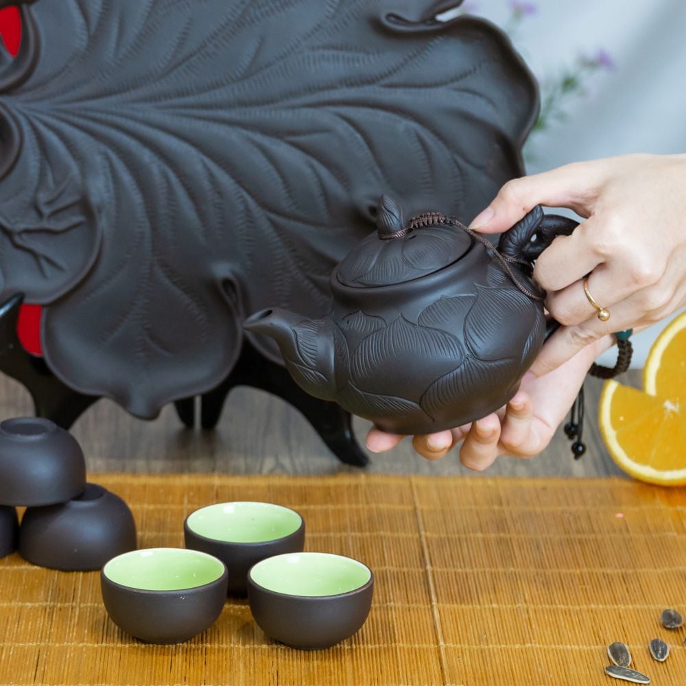 Bộ Ấm Trà Tử Sa Trúc Sen Khay Nho