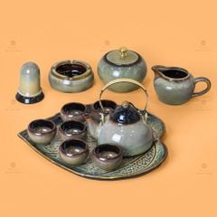 Bộ Ấm Trà Chuông Gấm Men Hỏa Biến Quai Cầm
