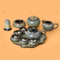 Bộ Ấm Trà Quả Hồng Gấm Men Hỏa Biến Khay Lá Sen