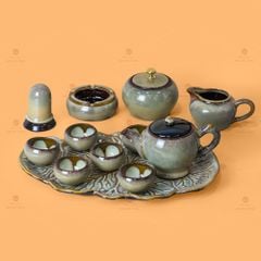 Bộ Ấm Trà Ly Gấm Men Hỏa Biến Khay Lá Xếp