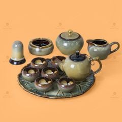 Bộ Ấm Trà Đèn Thần Men Hỏa Biến Khay Trầu
