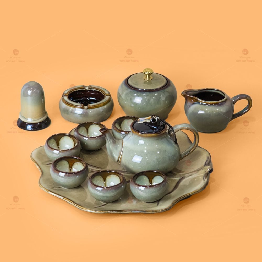 Bộ Ấm Trà Hồ Lô Men Hỏa Biến Khay Bông