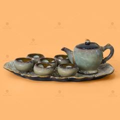 Bộ Ấm Trà Ly Gấm Men Hỏa Biến Khay Lá Xếp