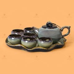 Bộ Ấm Trà Quả Hồng Gấm Men Hỏa Biến Khay Lá Sen