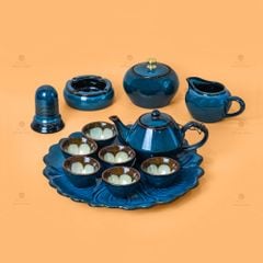 Bộ Ấm Trà Đĩa Men Hỏa Biến Xanh Khay Hoa Xanh