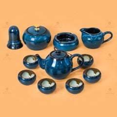 Bộ Ấm Trà Bầu Xanh Hoa Men Hỏa Biến