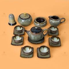 Bộ Ấm Trà 3 Chân Gấm Hoa Men Hỏa Biến