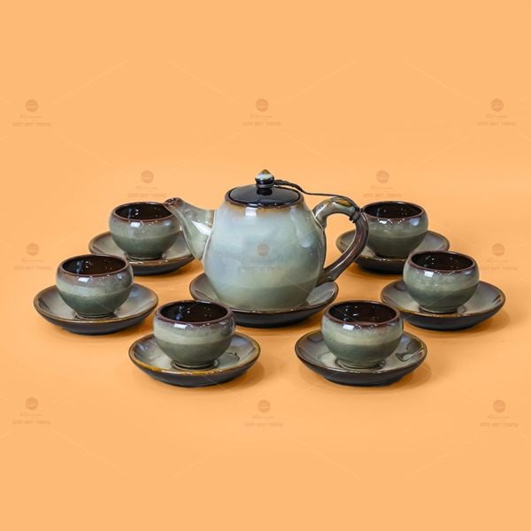 Bộ Ấm Trà Bầu Gấm Hoa Men Hỏa Biến