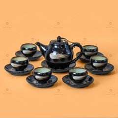 Bộ Ấm Trà Bầu Xước Hoa Men Hỏa Biến