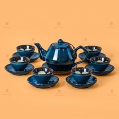Bộ Ấm Trà Đĩa Xanh Hoa Men Hỏa Biến