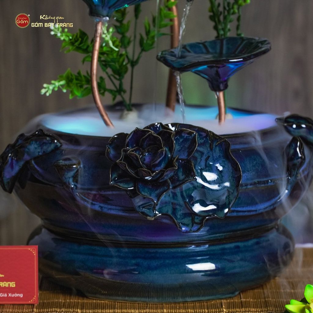 Bộ Thác Nước Phong Thủy Sen Xanh Đắp Nổi