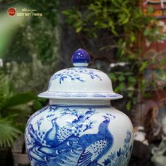 Bình Chóe Ngâm Rượu Men Lam Chim Công Đào