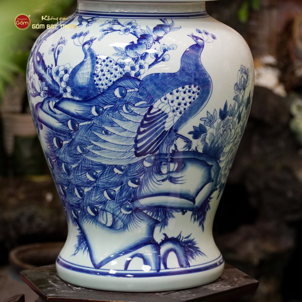 Bình Chóe Ngâm Rượu Men Lam Chim Công Đào