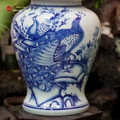 Bình Chóe Ngâm Rượu Men Lam Chim Công Đào
