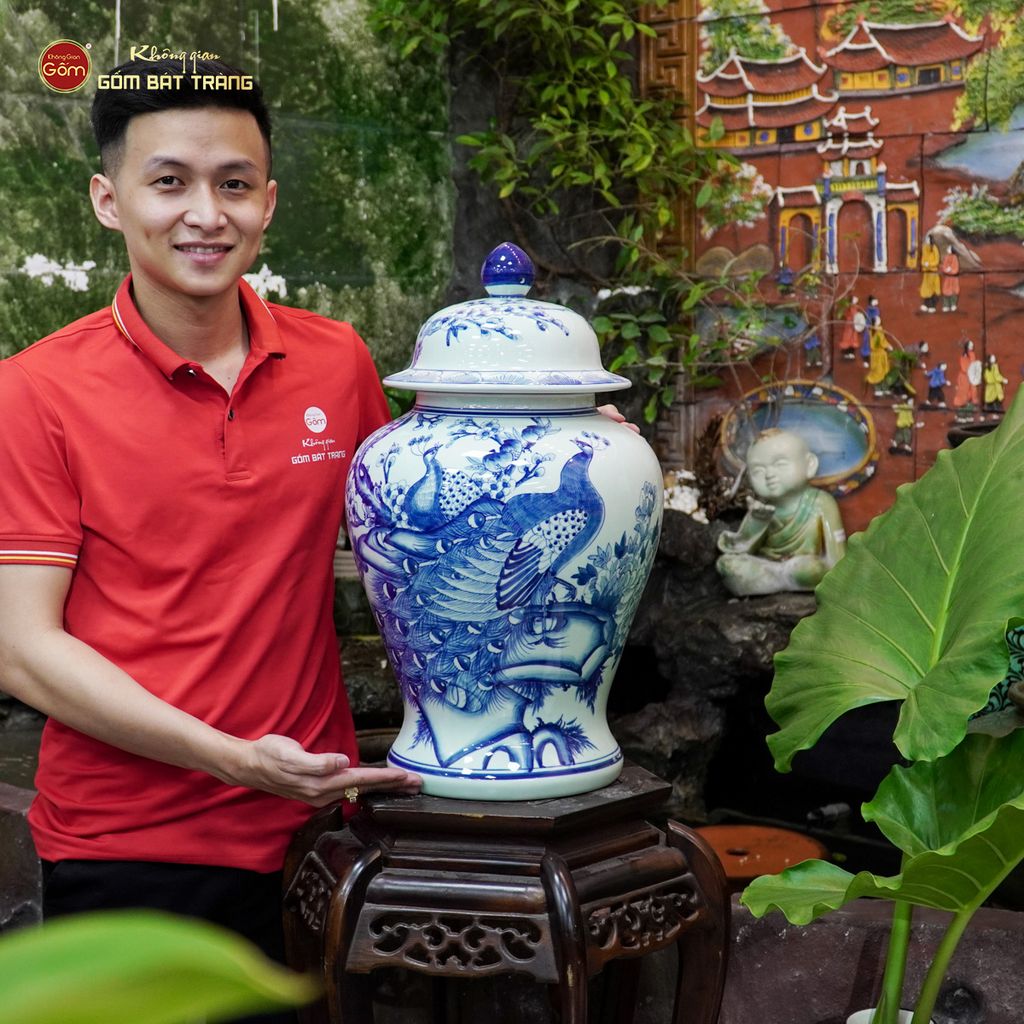 Bình Chóe Ngâm Rượu Men Lam Chim Công Đào