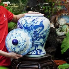 Bình Chóe Ngâm Rượu Men Lam Chim Công Đào