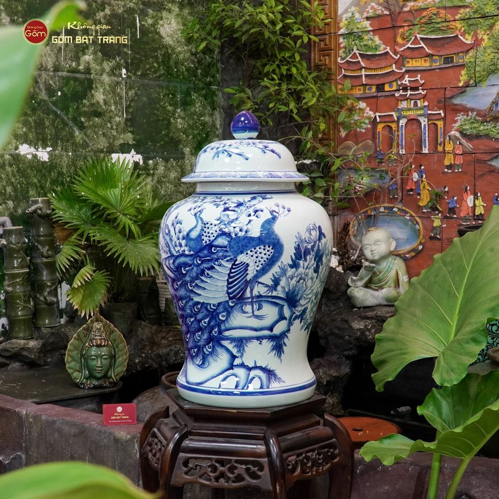 Bình Chóe Ngâm Rượu Men Lam Chim Công Đào