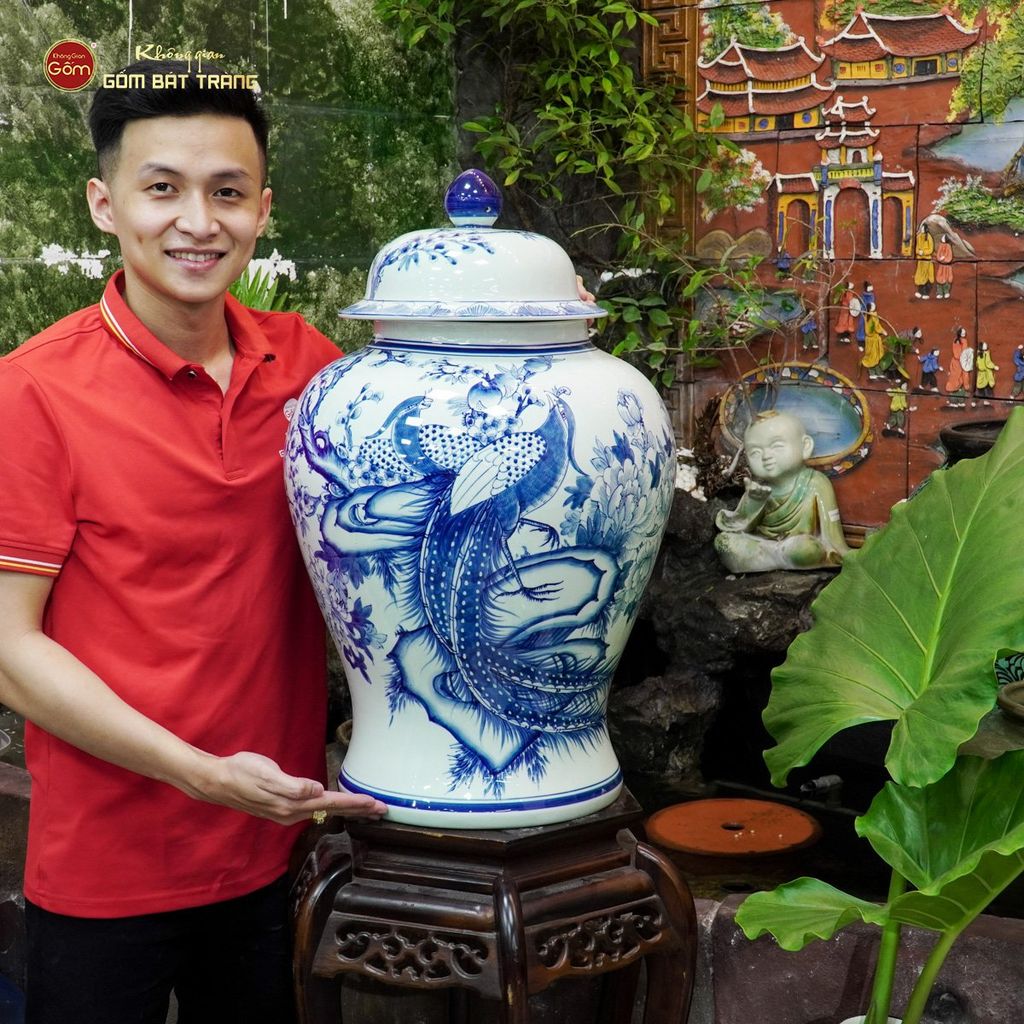 Bình Chóe Ngâm Rượu Men Lam Chim Trĩ Mẫu Đơn