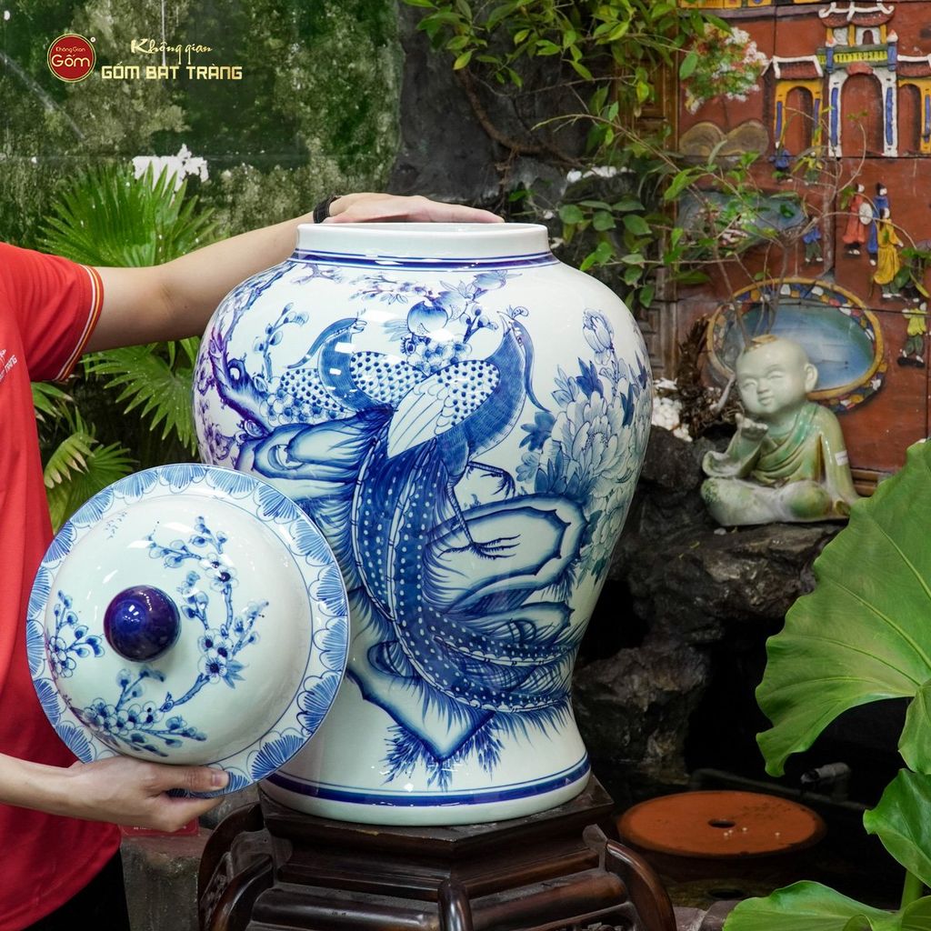 Bình Chóe Ngâm Rượu Men Lam Chim Trĩ Mẫu Đơn