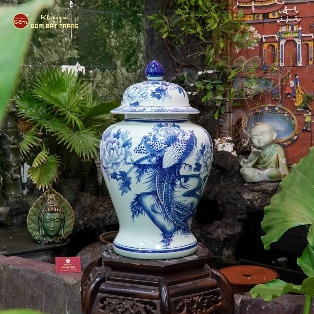 Bình Chóe Ngâm Rượu Men Lam Chim Trĩ Mẫu Đơn