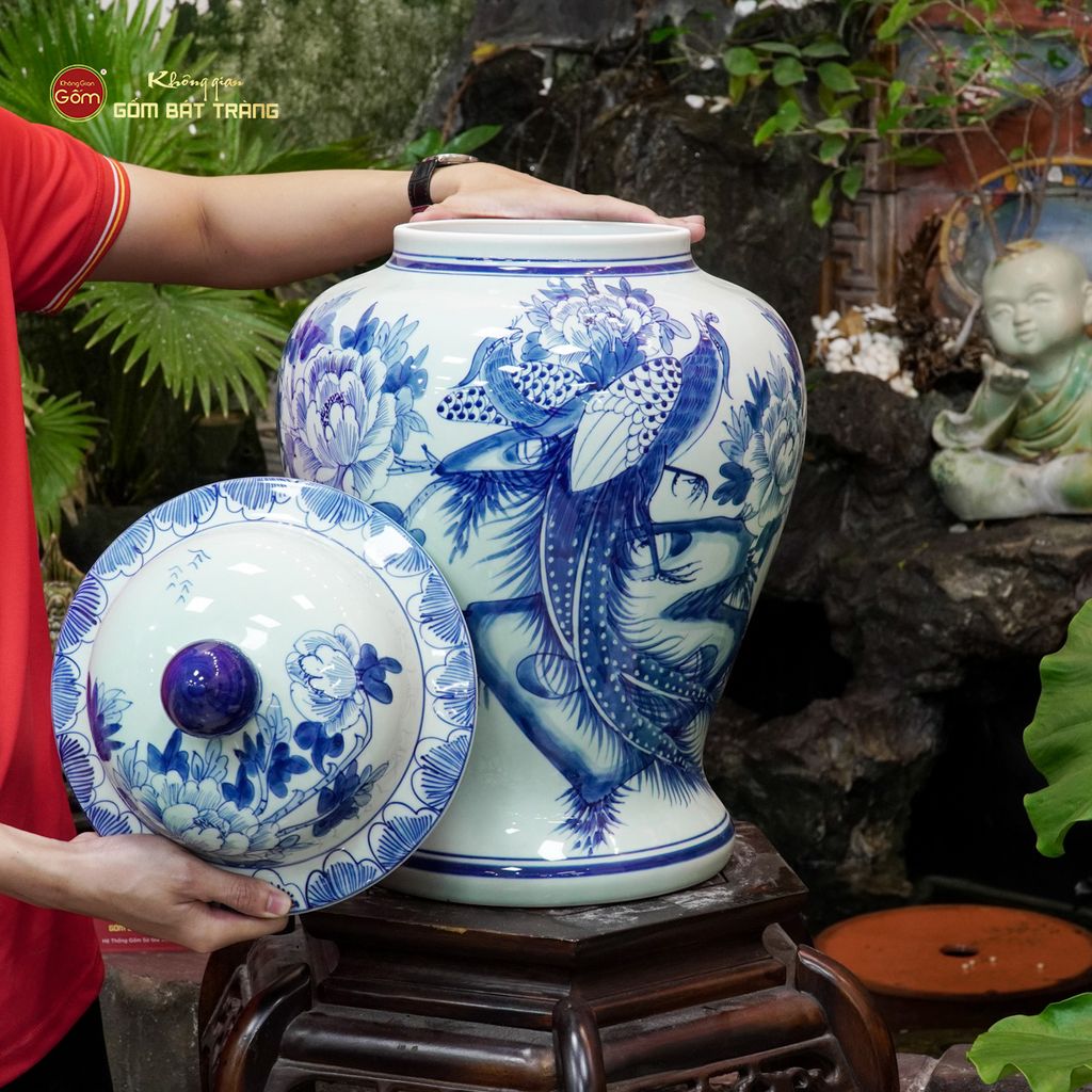 Bình Chóe Ngâm Rượu Men Lam Chim Trĩ Mẫu Đơn