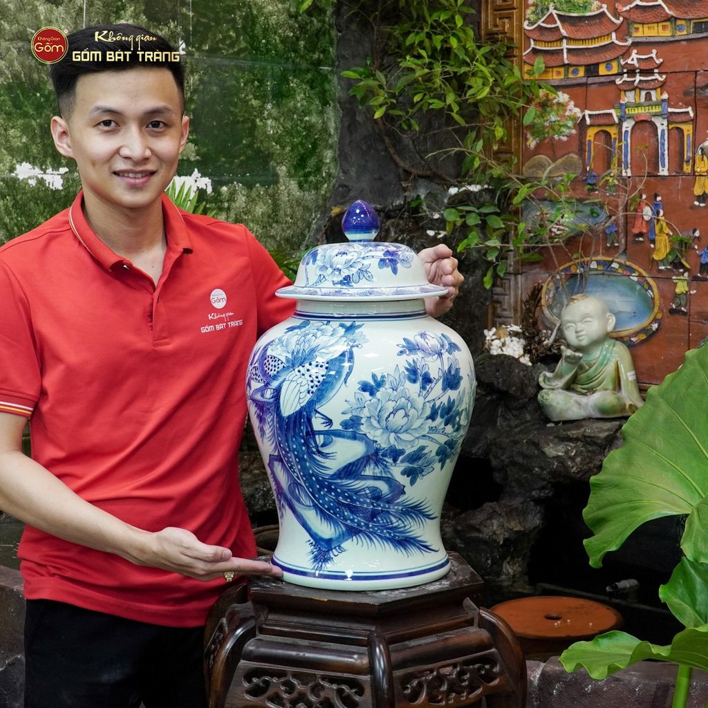 Bình Chóe Ngâm Rượu Men Lam Chim Trĩ Mẫu Đơn
