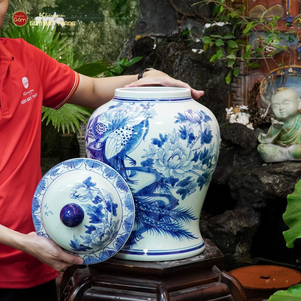 Bình Chóe Ngâm Rượu Men Lam Chim Trĩ Mẫu Đơn