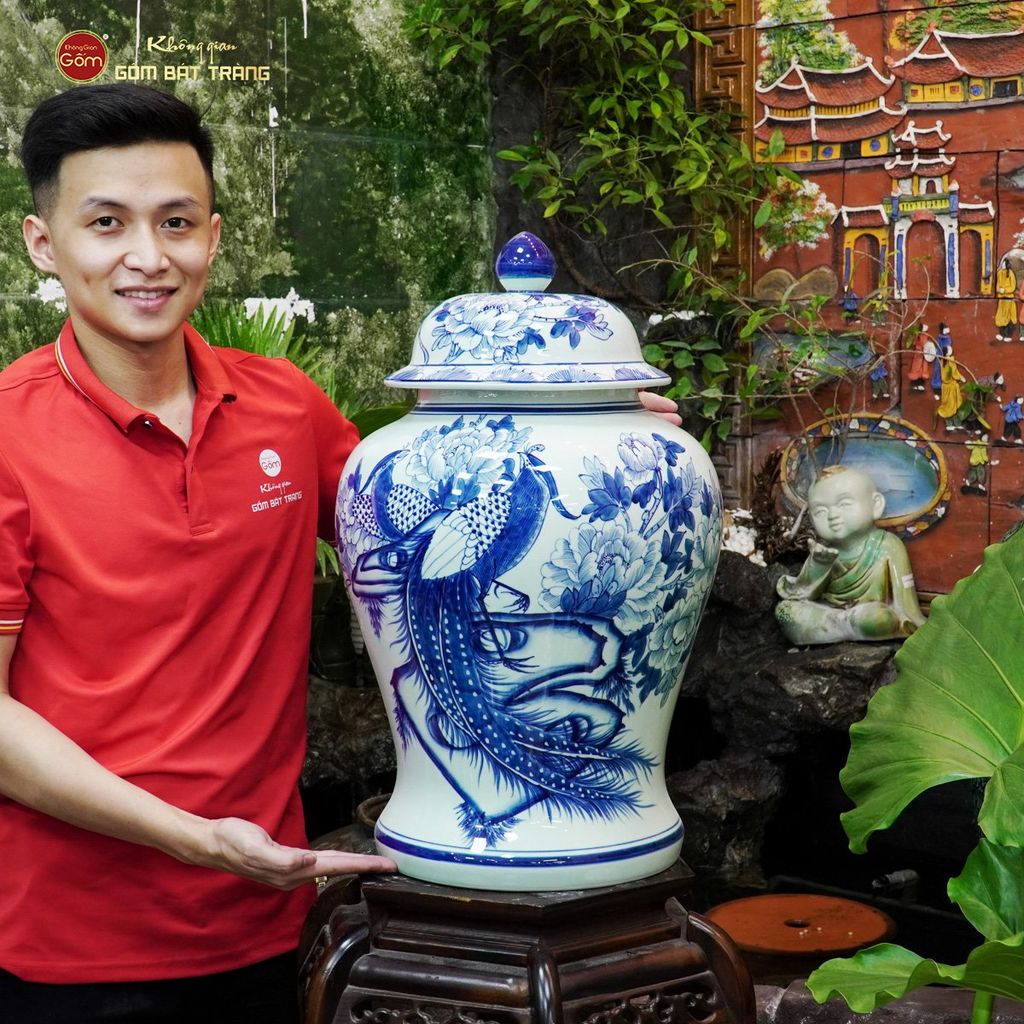 Bình Chóe Ngâm Rượu Men Lam Chim Trĩ Mẫu Đơn