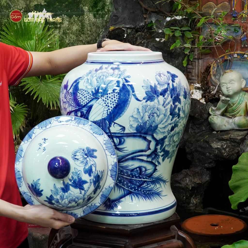 Bình Chóe Ngâm Rượu Men Lam Chim Trĩ Mẫu Đơn