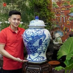 Bình Chóe Ngâm Rượu Men Lam Chim Công Đào