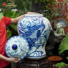 Bình Chóe Ngâm Rượu Men Lam Chim Công Đào
