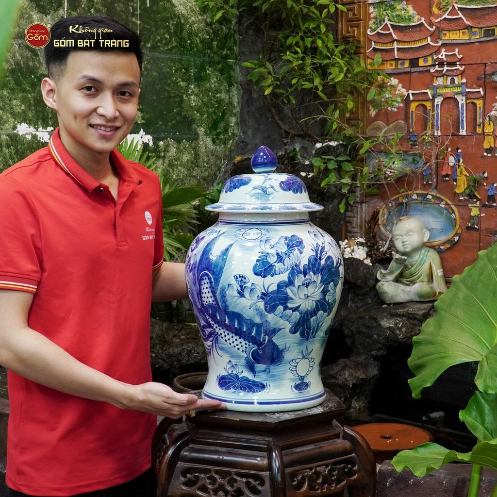 Bình Chóe Ngâm Rượu Men Lam Sen Cá