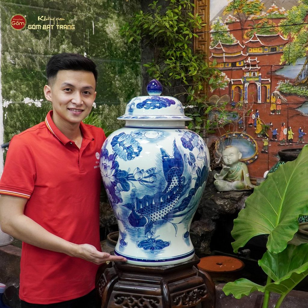 Bình Chóe Ngâm Rượu Men Lam Sen Cá