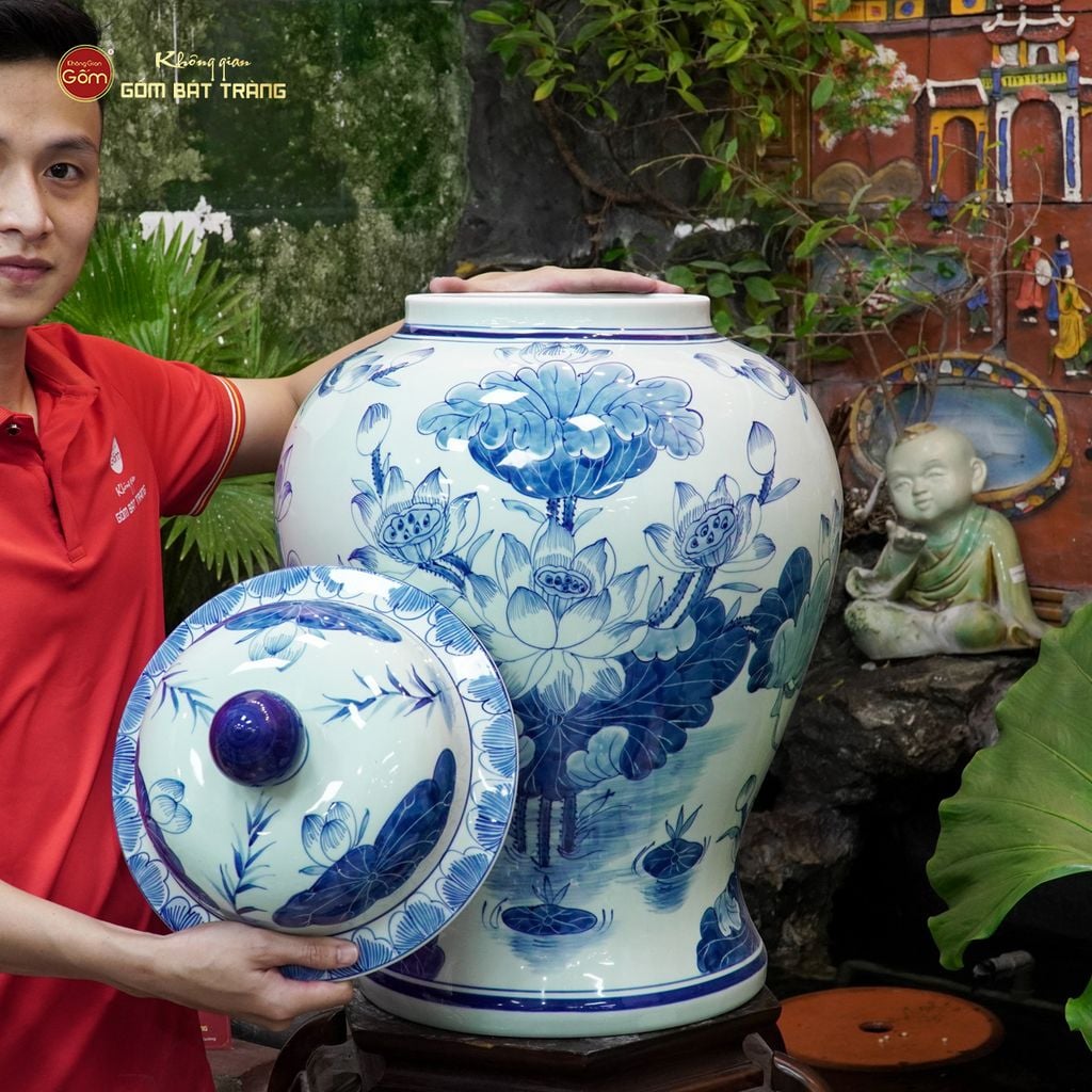 Bình Chóe Ngâm Rượu Men Lam Hoa Sen