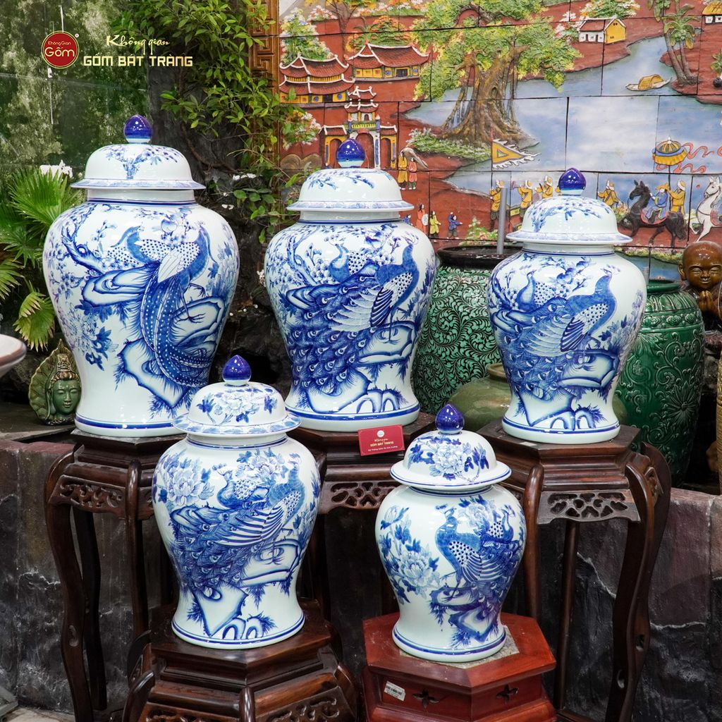Bình Chóe Ngâm Rượu Men Lam Chim Công Đào