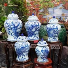 Bình Chóe Ngâm Rượu Men Lam Chim Công Đào