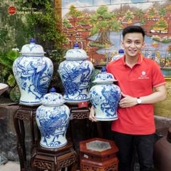 Bình Chóe Ngâm Rượu Men Lam Chim Công Đào