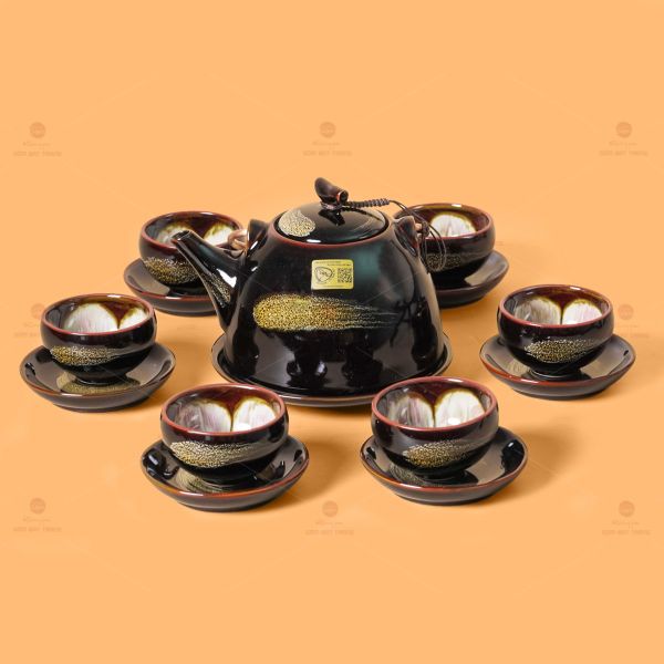 Bộ Ấm Chén Siêu Men Hỏa Biến Quét Xám