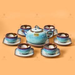 Bộ Ấm Chén Men Hỏa Biến Trắng Xanh Quả Hồng