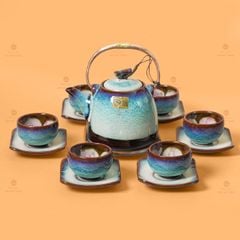 Bộ Ấm Chén Siêu Men Hỏa Biến Trắng Xanh Lòng Hoa