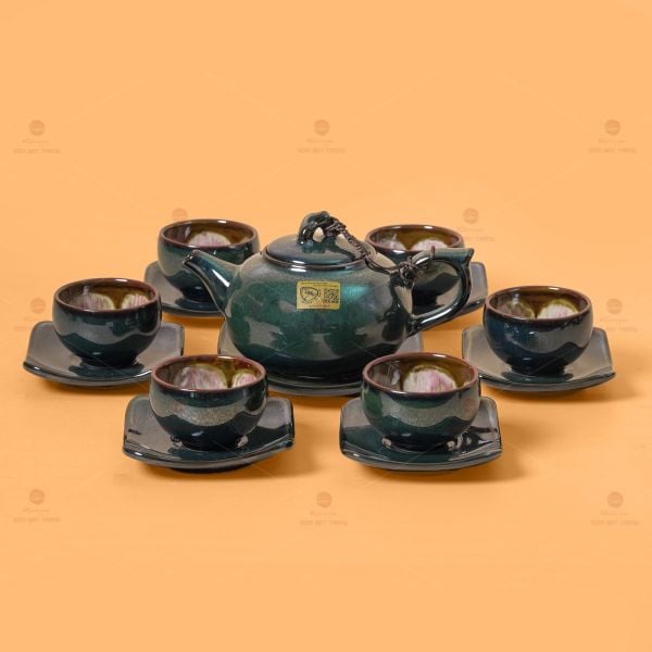 Bộ Ấm Chén Men Hỏa Biến Xanh Ngọc Quả Hồng