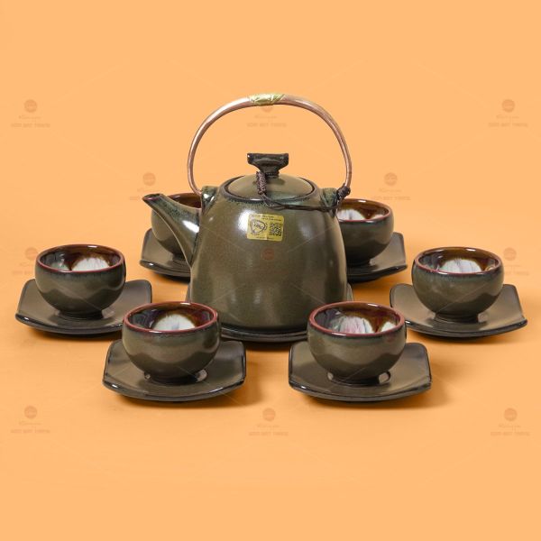Bộ Ấm Chén Siêu Men Hỏa Biến Xanh Ngọc Lòng Hoa