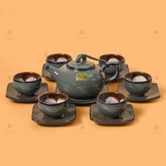 Bộ Ấm Chén Men Hỏa Biến Xanh Rêu Quả Hồng