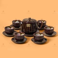 Bộ Ấm Chén Nâu Men Hỏa Biến Múi Lá