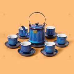 Bộ Ấm Chén Men Xanh Hỏa Biến Đốt Trúc Lòng Trắng