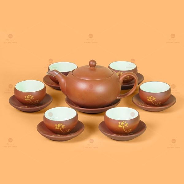Bộ Ấm Trà Tử Sa Đỏ Son Sen Vàng