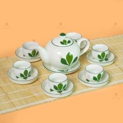 Bộ Ấm Chén Tròn Men Kem Vẽ Ngò Gai