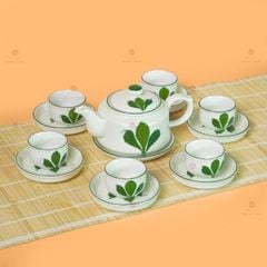 Bộ Ấm Chén Vai Vuông Men Kem Vẽ Ngò Gai