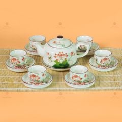 Bộ Ấm Chén Vai Vuông Men Kem Vẽ Sen Đỏ