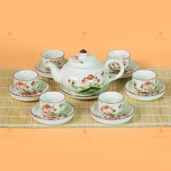 Bộ Ấm Chén Thiên Nga Men Kem Sen Đỏ
